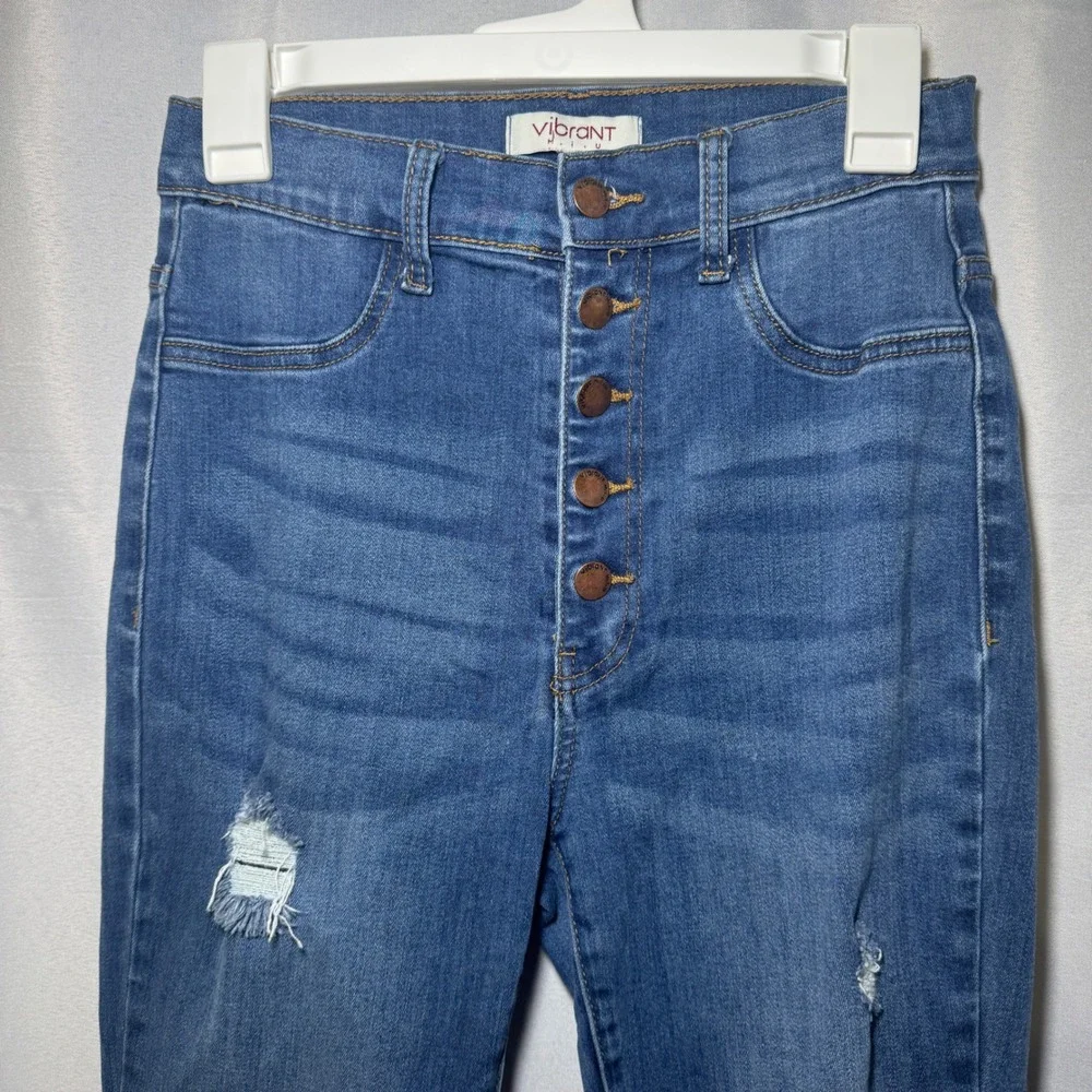 Vibrant MIU Women Blue Distressed High Rise Button Fly Flare Jeans Size 9 W28